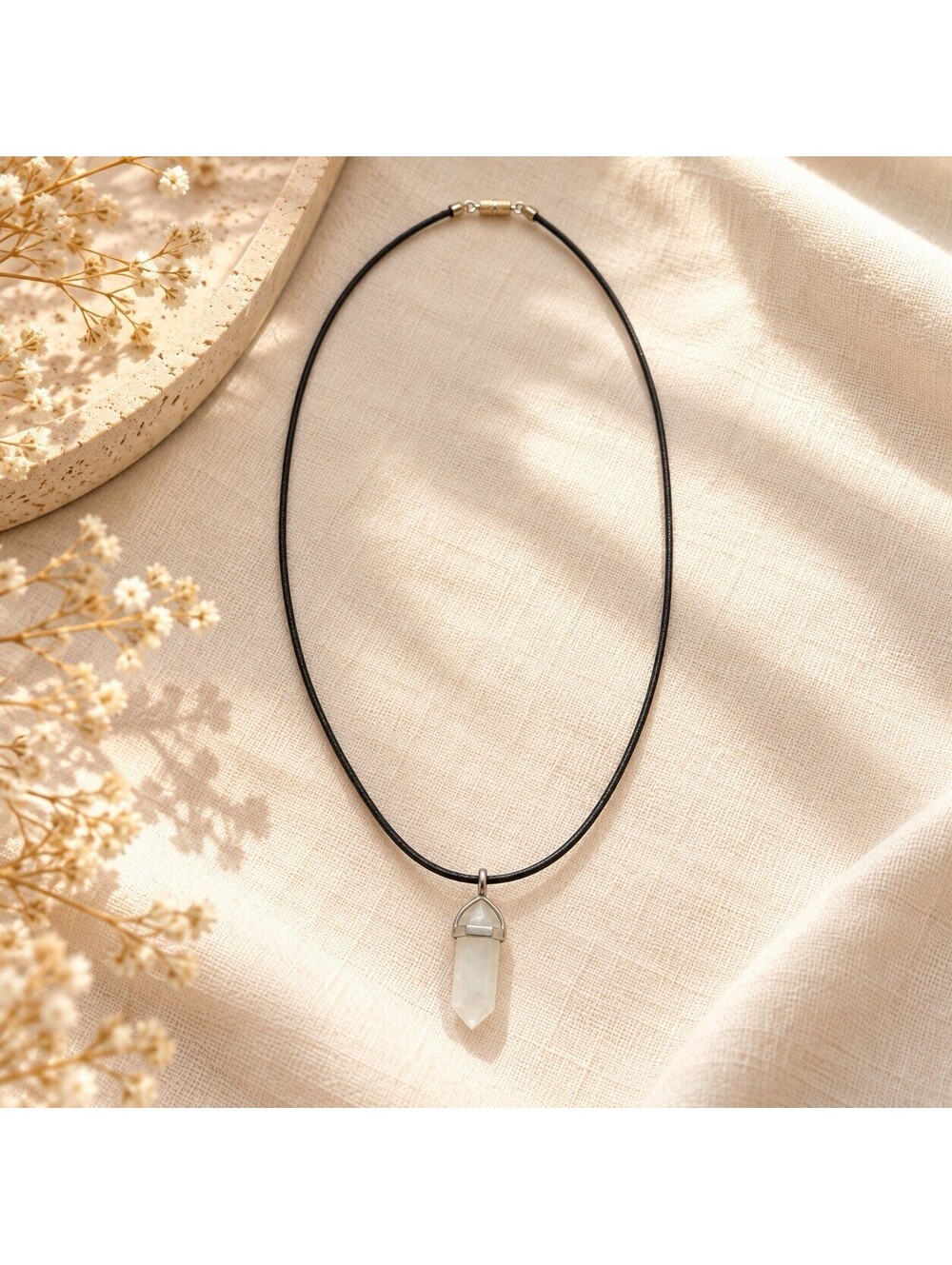 1 Inch Clear Quartz Stone Pendant Necklace Silver Tone 21” Black Cord